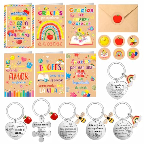 HOWAF Regalo Profesora, Regalo Profesor, 6 Tarjeta Profesor, Tarjeta Profesora Infantil & 6 Llavero Profesora, Llaveros Profesores, Regalos para Profesores Profesoras, Regalo Maestro Maestra, A