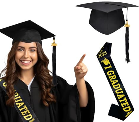GUBOOM Graduation Hat Set - Bachelor Hut Abschluss Cap und Prüfung Bestanden Schärpe 2025 Deko - Verstellbare Universalgröße(51-60cm) mit Quaste & Anhänger - Für Abschlussfeiern, Universität(Schwarz)