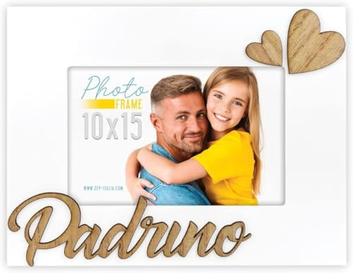 Pate Fotorahmen 10 x 15 weiße und hölzerne Herz | Pate Bestätigung Fotorahmen - weiße Taufe und geprägte Herzen - Geschenk für besondere Anlässe, Weihnachten, Geburtstag, Namenstag und Anlässe
