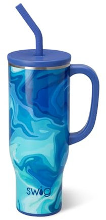 Swig Life 30oz Mega Mug, 30oz Tumbler with Handle and Straw, Large Insulated Tumblers, Cup Holder Friendly Travel Mug, Stainless Steel 30 oz Tumbler, Reusable Insulated Water Bottle (Blue Lagoon)