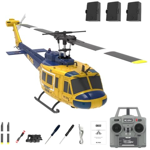 RCXTechPro RC ERA C032 UH-1 Huey RC Elicottero 1/48 6CH 2.4G Flybarless Gyro Stabilizzato con Posizionamento Ottico e Atterraggio One-Key -RTF/3 Batterie