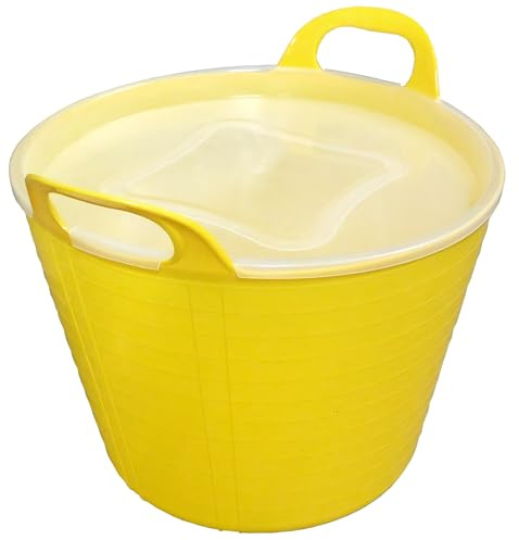 KetoBarrow FlexiTub with Handles 42 Litres Yellow Garden Tub Plastic Storage Container for Home, Washing, Garden Waste and DIY Projects with Lid