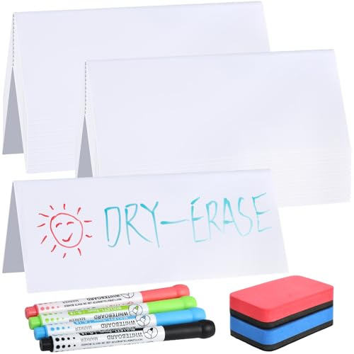 28 PCS Dry Erase Name Tent Cards for Table, 8” x 3” Reusable Nameplates Holder with Dry Erase Markers and Erasers, Whiteboard Name Plate for Desk Classroom Office Conference Meeting