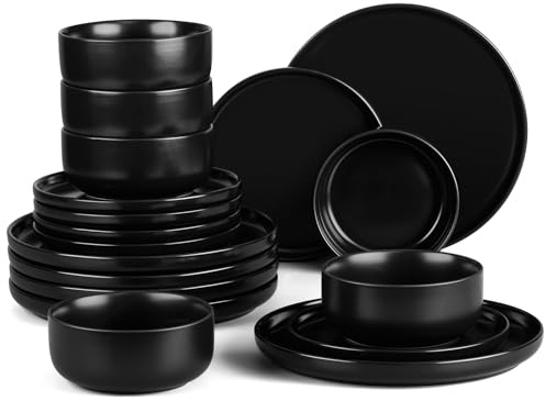 HaWare 18 Piece Dinner Set, Stoneware Dinnerware Service for 4, Elegant Matte Glaze Dining Ware Include Plates and Bowls, Chip and Scratch Resistant, Microwave & Dishwasher Safe, Matte Black