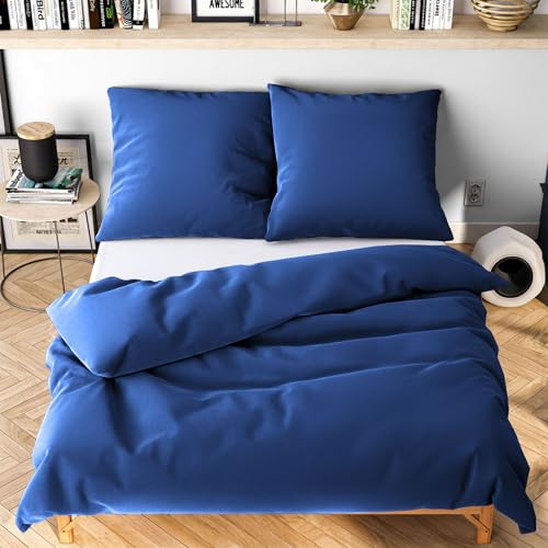 Wolkenfeld Bettwäsche 135x200 cm – Marine Blau - kuschlig weich & bügelfrei – ÖKO-TEX Zertifiziert – Mikrofaser Bettwäsche-Sets 1x Bettbezug 135 x 200 + 1x Kissenbezug 80x80