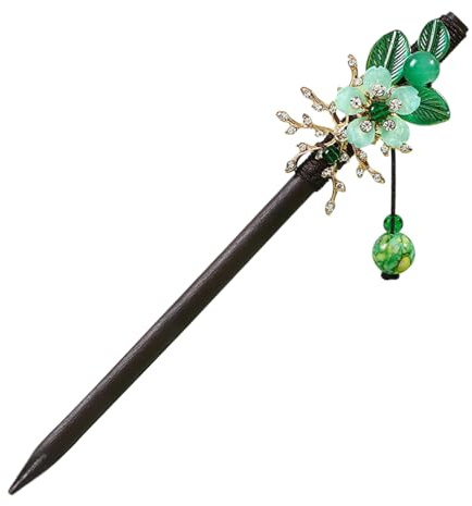 UMORDUP Vintage Wooden Flower Hair Stick for Women, Green Retro Hair Pin with Tassel, Hair Fork Styling Accessory for All Hair Types