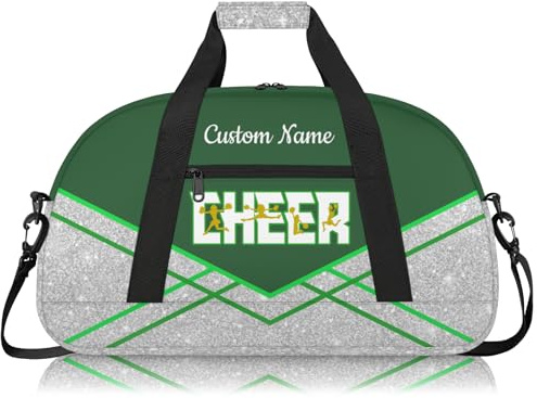 Cheerleading Seesack für Mädchen, personalisierbar, wasserdicht, Sporttasche für Cheer, Fitnessstudio und Reisen, Dunkelgrün/Silber, Carry-On 20-Inch, Cheer Bag für Mädchen