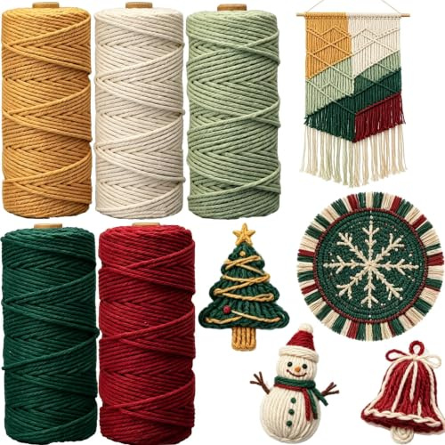 5 PCS Corde Macramé 3mm x 50m, BetterJonny Fil Macramé Macrame Corde Fil Macramé Corde Fil de Coton Naturel pour Bricolage, Artisanat,Tapisserie, Tricot, DIY Décoration (5 Couleurs-B