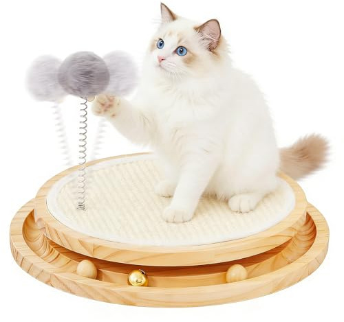 3-In-1 Sisal Kratzbretter Katzen mit Kugelbahn and Pluschkugel | 39x33x16cm Groß und Stabil Interaktives Katzenspielzeug Holz, Katzen Kratzbrett für Kätzchen zum Spielen und Entspannen