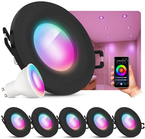 SSC-LUXon BEDA Einbaustrahler 6er Set schwarz IP65 Smart GU10 WLAN RGBW | Sechs flache Einbauspots schwarz IP65 - per App & Alexa steuerbar, RGB-Farblicht, für Bad, Küche & Außen, inkl. GU10 LED