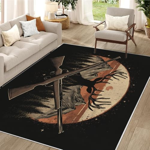 Waschbarer Kurzflor-Teppich 140x200 - Elch Wald Wildtiere Teppiche - Landhausstil Retro Dünn Saugfähig Carpet Für Wohnzimmer Schlafzimmer Jugendzimmer Jungen Mädchen Oder Als Bettvorleger QY21
