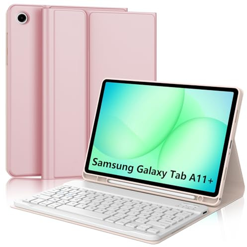 JADEMALL Coque Clavier pour Samsung Galaxy Tab A11 Plus 11 2025, AZERTY Français Clavier Bluetooth Magnétique Détachable pour Tablette Samsung A11+ 11 Pouces 2025, Rose