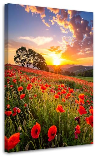 Feeby Leinwand Bilder - Bild Wohnzimmer - Mohnfeld Blumen Sonnenuntergang - 30x45 1tlg - Deko Schlafzimmer Groß - Dekoration Canvas - Gemälde - Modern Wandbilder - Kunstdruck