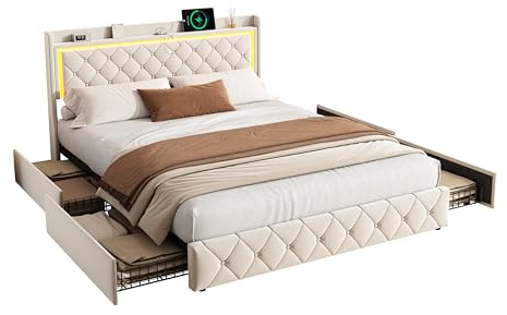 KOOPMAD Doppelbett, 140 x 200 cm, mit LED und USB, Bettgestell mit 4 Schubladen und Lattenrost, Bett mit Bettkasten, 140 x 200 cm, mit LED-Kopfteil, 2 Personen für Erwachsene, Samt, Beige (ohne