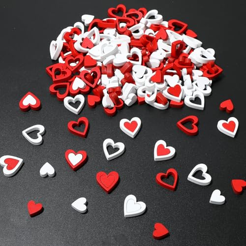 200 Stück Holzherzen Deko, Rot Weißer Holz Herz, Konfetti Holzherz Deko für Tischdeko, Heiratsantrag, Jahrestag, Valentinstag, Hochzeit Dekoration, DIY Handwerk