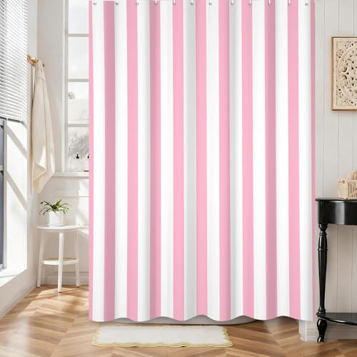 Hnmdmyi Tenda da doccia a righe verticali 180x200, striscia rosa e bianca Vintage Astratta Moderna Minimalista Tessuto In Poliestere Impermeabile Lavabile Tenda da bagno con Gancio