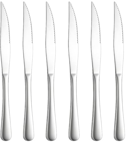 Berglander Steak Knives Set of 6, Stainless Steel Steel Steak Knife Set Sharp Serrated Kitchen Knives with Ergonomic Handle, Dinner Table Knives for Cutting Meat, Mirror Polished & Dishwasher Safe