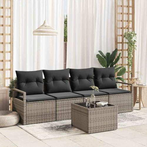 HGFDCBK Garten-Sofa Set mit Tisch, Poly Rattan Sitzgruppe 5-teilig grau, 2 Ecken- und 6 Mittelmodule, 2 Armsofas, Sicherheitsglastisch, abnehmbare Kissen