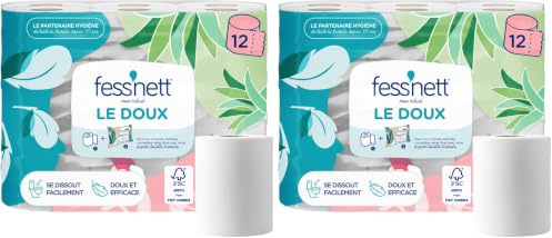 fess'nett - Papier Toilette Sec Le Doux - 12 Rouleaux - Double Épaisseur - Fibres Végétales FSC - Convient aux Fosses Septiques et Broyeurs - Se Dissout Facilement dans l'Eau - Blanc (Lot de 2)
