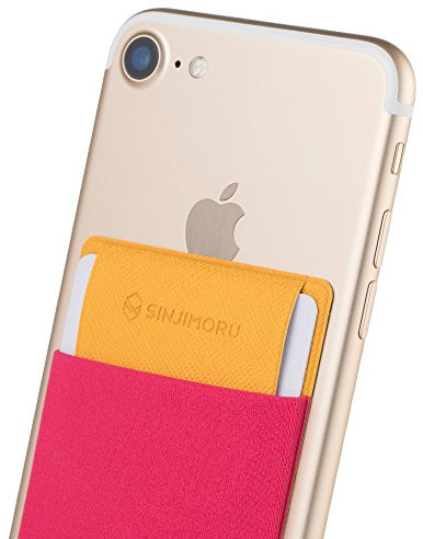 Sinjimoru Secure Card Holder for Back of Phone, Stretchy Fabric Cell Phone Wallet Stick On Credit Card Case for iPhone & Android. Sinji Pouch Flap,Pink