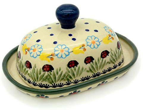 Bunzlauer Butterdose für 125 g (halbe Portion) Butter (Dekor Marienkäfer)