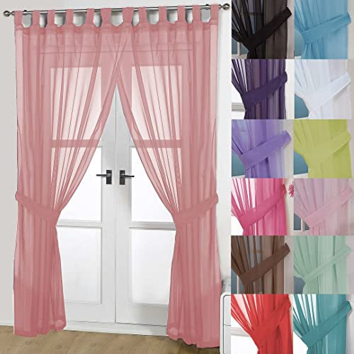 John Aird Pair Of Woven Voile Tab Top Curtain Panels. Tiebacks Included (Pink, 58 Wide x 72 Drop)