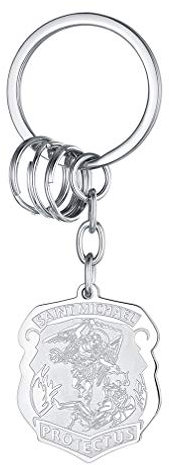FaithHeart Edelstahl Unregelmäßig Silber Saint Michael Schlüsselanhänger Heiliger Erzengel Michael Keychain für Mama und Papa