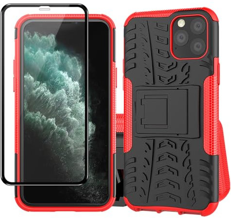 Yiakeng iPhone 11 Pro Case, iPhone 11 Pro Phone Case with Screen Protector, Shockproof Silicone Protective with Kickstand for iPhone 11 Pro (Red)