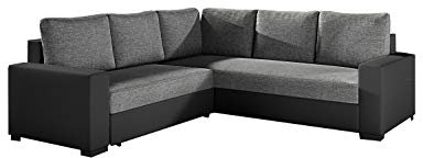 Ecksofa mit Schlaffunktion mit Bettkasten Sofa Couch L-Form Polstergarnitur Wohnlandschaft Polstersofa mit Ottomane Couchgranitur mit Bettfunktion - LINA (Dunkelgrau+Schwarz (Sawana 05+Soft 11))