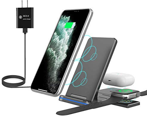 Wireless Charger, bluebyte 3 in 1 Wireless Charging Station for phone,ipod,watch,headset,wireless charging adapter, Qi phone available（with QC3.0 Adapter）