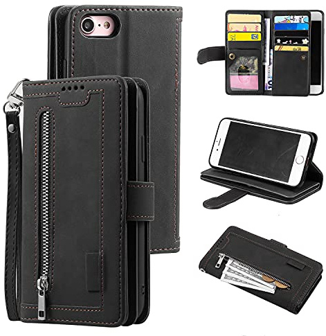 EYZUTAK Wallet Phone Case for iPhone SE(5G) 2022 iPhone 7 iPhone 8 iPhone SE 2020, Retro Matte 9 Card Holder Slots Zipper Pocket PU Leather Magnetic Closure Kickstand with Wrist Strap Case - Black