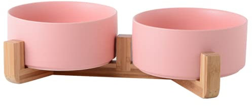 SP SEMPRE+ Pink Bamboo & Porcelain Ceramic Dog Feeder, Double 15.5cm, Raised Bowls with Bamboo Holders