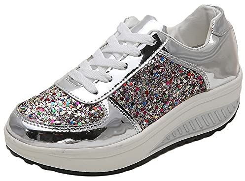 ANUFER Mujer Súper Ligero Plataforma Zapatillas con Cordones Cuña Zapatos Deportivos Plateado SN070680 EU37