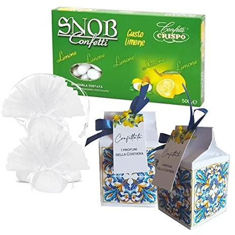 20 scatoline milk portaconfetti costiera amalfitana maioliche+ confetti snob al limone + veli +20 targhette in cartoncino + rotolo nastrino