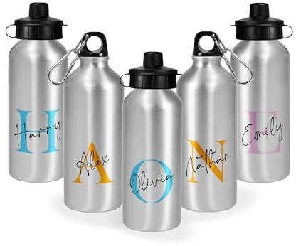 Print Maniacs Personalised Water Bottle School Sport Cap Drink White Silver 600ml or 400ml Aluminium Kid Boys Girls Biking Gift Initial Name (Silver, 400ml)