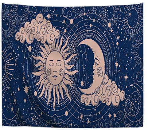 A.Monamour Wandteppiche Wanddekor Halbmond Und Sonnen Astrologie Thema Bild Stoff Wandtuch Wandbehang Wandkunst Wandbilder für Schlafzimmer Schlafsaal Wohnzimmer 180x230cm