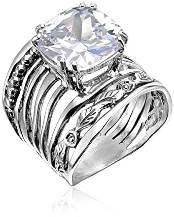 Ring aus 925er-Sterlingsilber mit 12 mm weißem Kissen-Zirkonia-Stift, hypoallergen, nickel- und bleifrei, Facettenschliff, handwerklich gefertigte Designer-Kollektion, hergestellt in Israel