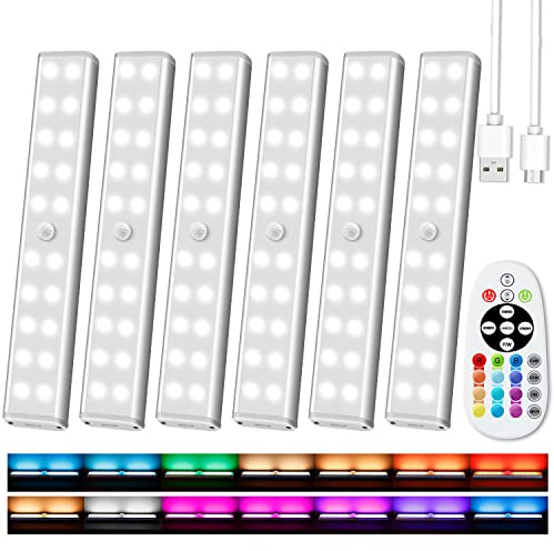 Under Cabinet Lighting Wireless with Remote, 48 LED Rechargeable Under Cabinet Lights, Kitchen Counter Lights Dimmable LED Closet Lights RGB Bar for Shelf, Car, Hallway, 15 Color Changing, 6 Pack