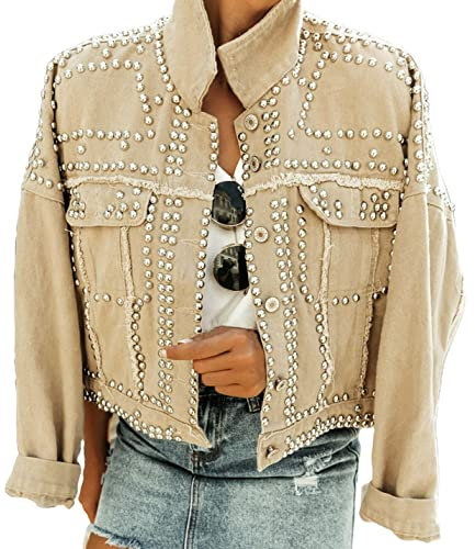 APAFES Damen-Jeansjacke, modisch, bauchfrei, weiß, mit Nieten, Westernjacke, Schwarz (0270-Khaki-L-NG)