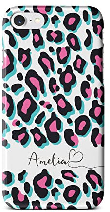 iCaseDesigner Personalised Name with Heart Animal Print Phone Case Compatible with iPhone 7+ / 8+ Plus. 13. Funky Pink Turquoise Leopard