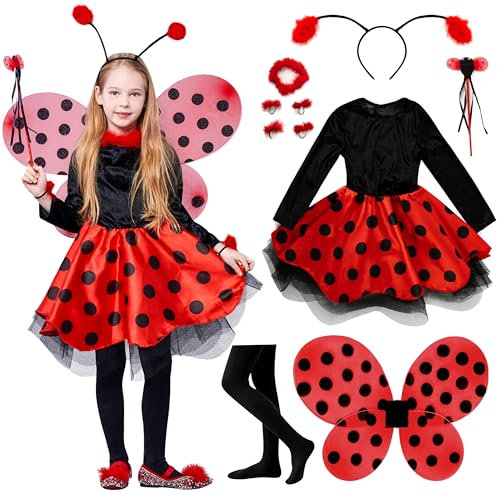 IKALI Marienkäfer Kostüm Kinder, Mädchen Ladybug Kostüm Tierischeskleid Ballerina Tutu Rock für Karneval Partei Rollenspiele mit Flügeln, Zauberstab 10 Stücke Set (Luxuriöser Rock, 8-10 Jahre)