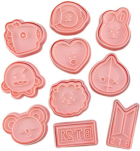 Simmpu 10-Piece Pink BT21 Cartoon Cookie Cutter Set - Non-Stick Plastic Cookie Molds for Kids, Cake Decoration