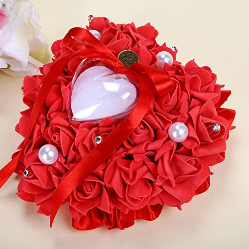 Ringkissen Hochzeit, Ringbox Hochzeit, Romantic Rose Band Herzform Ring Kissen Box mit feinem Strasssteinchen und Schleife Kissen für Hochzeitsringe für Eheringe Verlobung, 7 Farben, 18*17cm,Rot