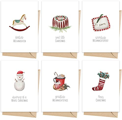 Weihnachtskarten mit Umschlag Set (12 Stück) - A6 Klappkarten für Weihnachten - Christmas Postkarte mit Umschlägen für deine Weihnachtsgrüße - Coole Weihnachtspostkarten mit und ohne Sprüche