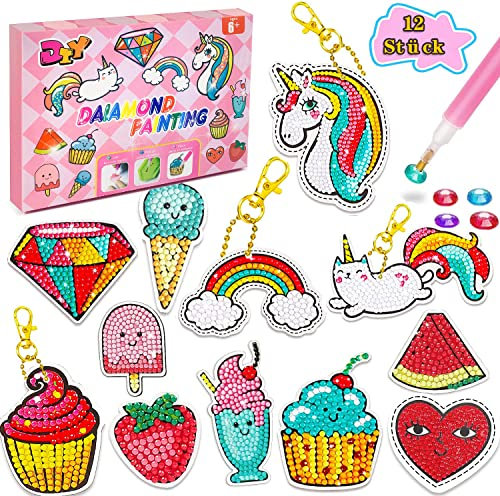 Jigspsyzh Geschenke füR Mädchen 7 8 9 10 11 12 Jahre Bastelset Kinder Ab 6 Jahre, Diamond Painting Kinder SchlüSselanhänger Basteln Mädchen 8 Jahre Mädchen Geschenk (12 Stück)
