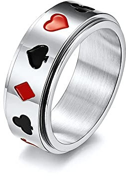 BlackAmazement 316L Edelstahl Ring Drehring Spinner Karten Farben Poker Zocker Pik Kreuz Karo Herz silber rot schwarz gold Herren (Silber, 68 (21,6))