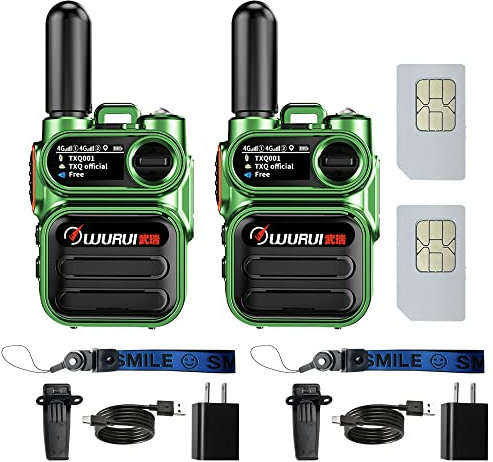Wurui TXQ G388 4G POC Global-ptt Talkie walkie Grande Longue portée Professionnel intercom Police 100 km USB c (2 Pack Vert avec Carte 500m)