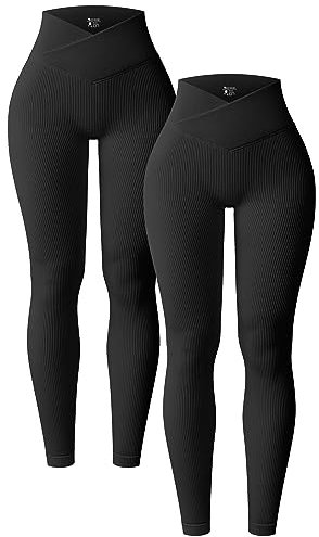 OQQ 2er Pack Damen Leggings Cross Waist High Waist Elastische Lange Yoga Sport Leggings für Damen Schwarz Schwarz