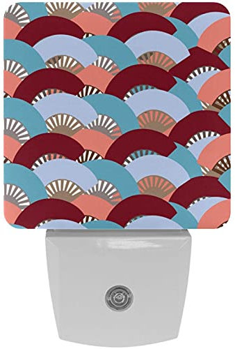 Plug-in Night Light, 2 Packs LED Auto Dusk-to-Dawn Sensor Lamp for Bathroom, Bedroom, Hallway, Stairs, Nursery, Kitchen Colorful Spanish Fan Pattern