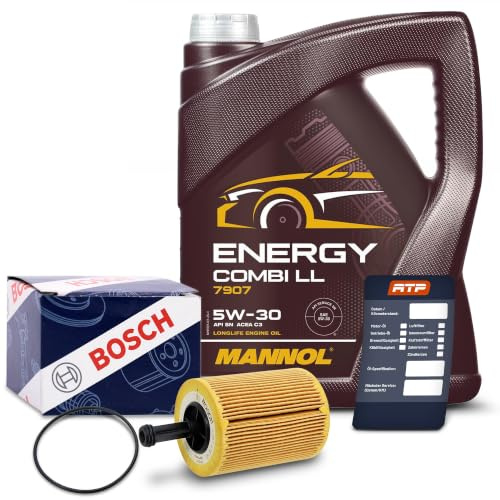 BESTPRICE Inspektionspaket Filterset mit 1x Ölfilter, 5l Motoröl 5W-30 MANNOL Energy Combi LL, 1x Ölwechsel-Anhänger